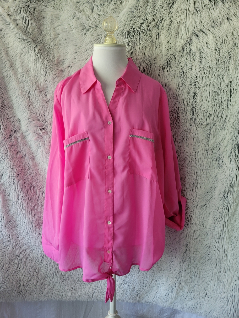 Pink Sheer Button-Front Tie-Hem Blouse